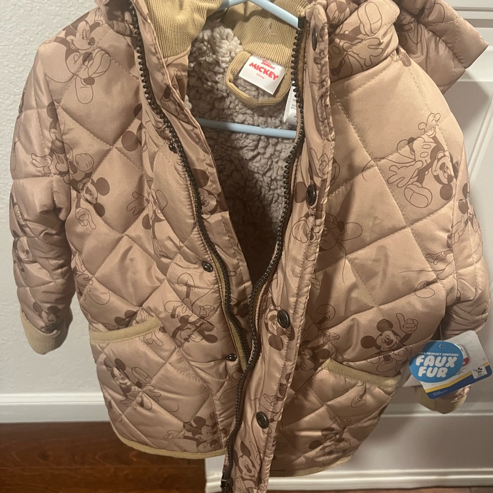Disney Kids Puffer Jacket - Tan with Mickey Mouse Print